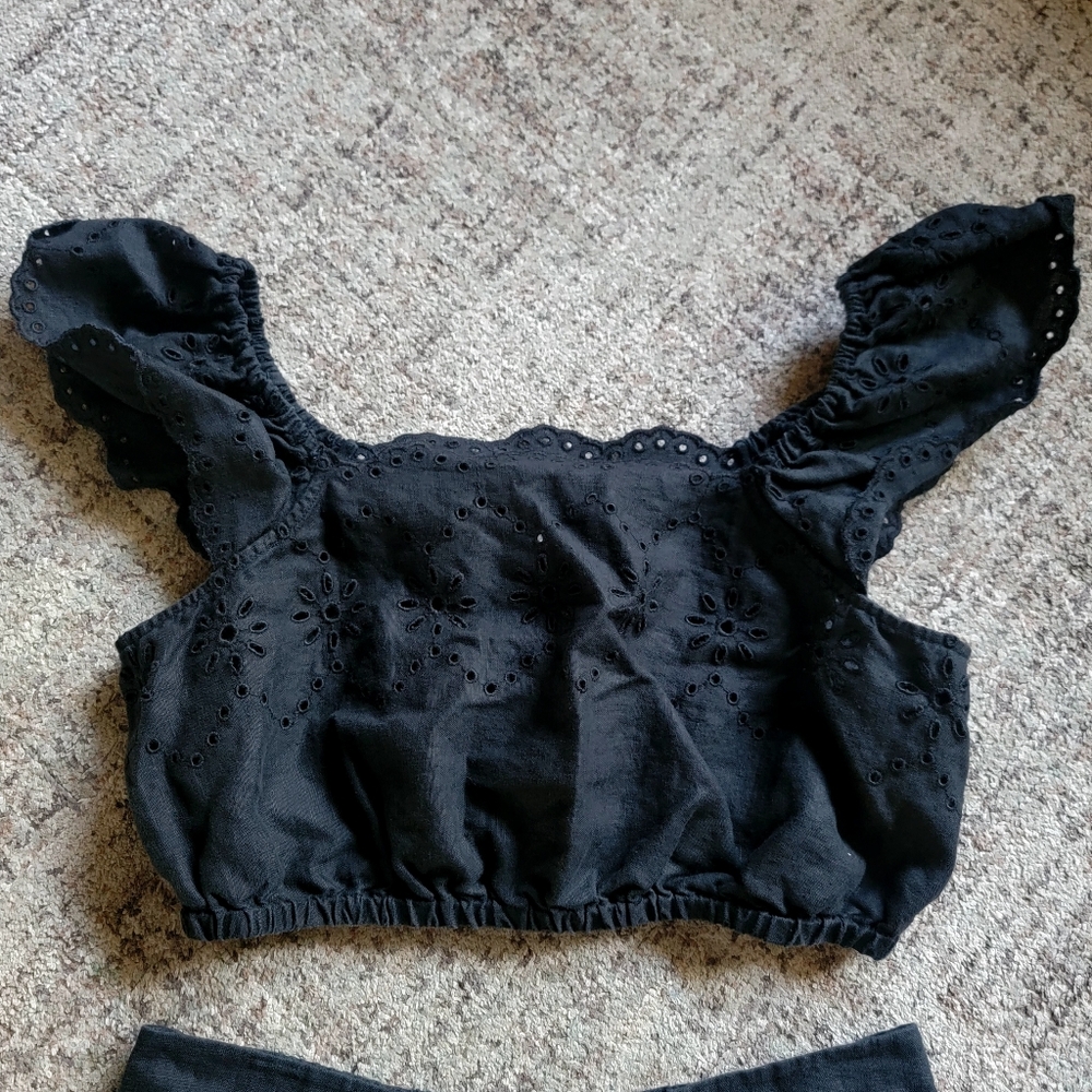 Rachel Parcell Black 2 Piece Set Outfit Linen‎ Eyelet Crop Top and Shorts Small - Picture 4 of 10